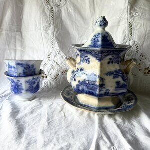 Antique Peking Transferware Soup Tureen Set English Blue & White Porcelain